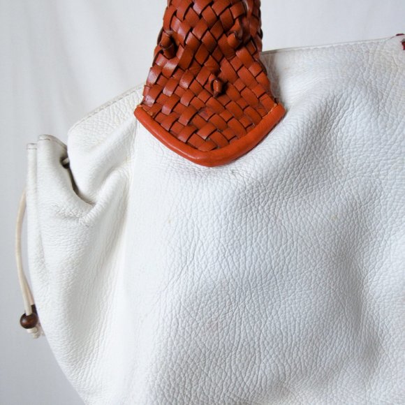 PAOLO MASI Italian Two-Tone Leather Braided Handle Pebbled White Leather/ Large - Picture 7 of 14